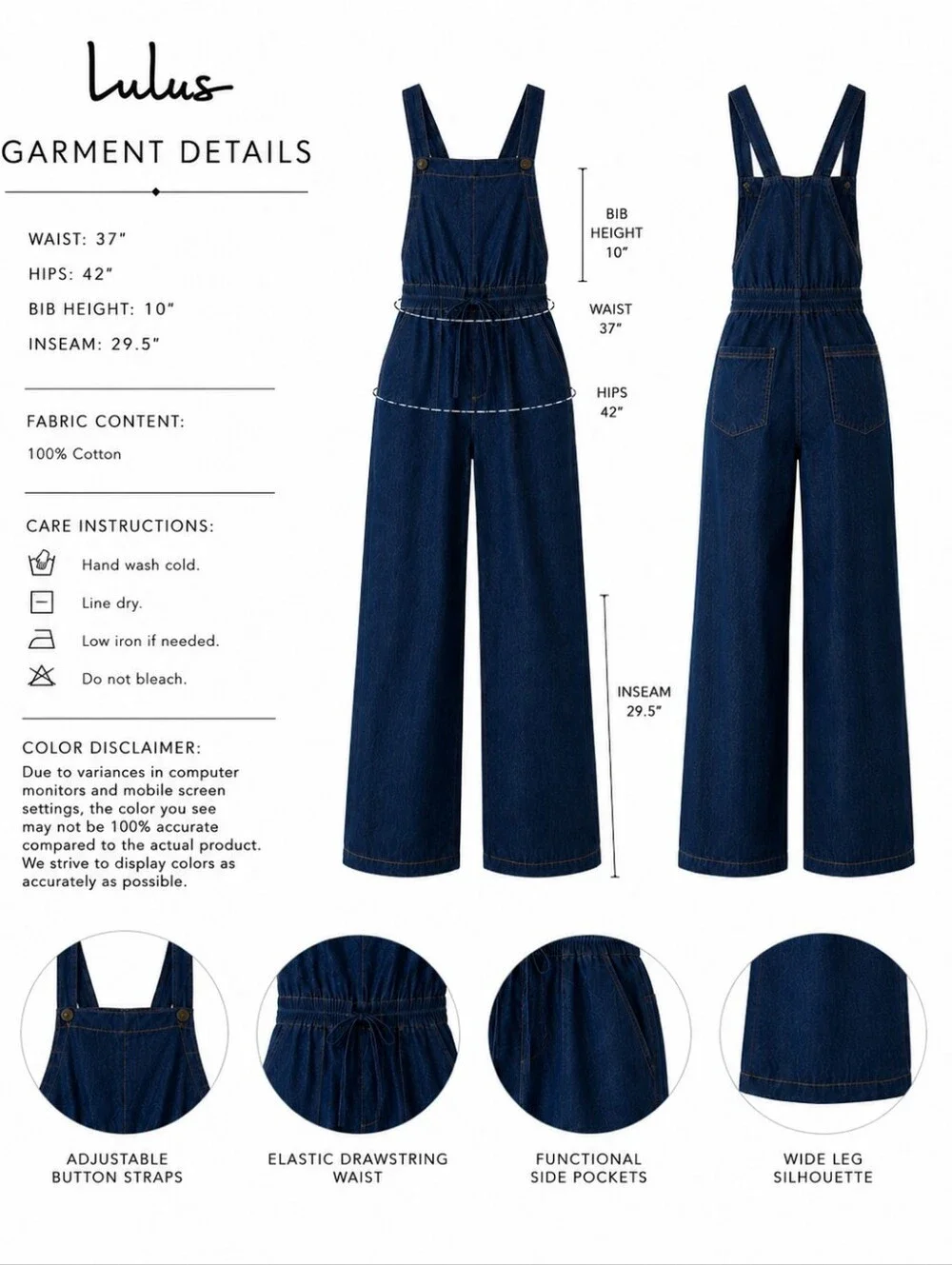 Lulus | 100% Cotton Denim Overalls | Wide Leg | Drawstring Waist | Size: Medium - Picture 3 of 6